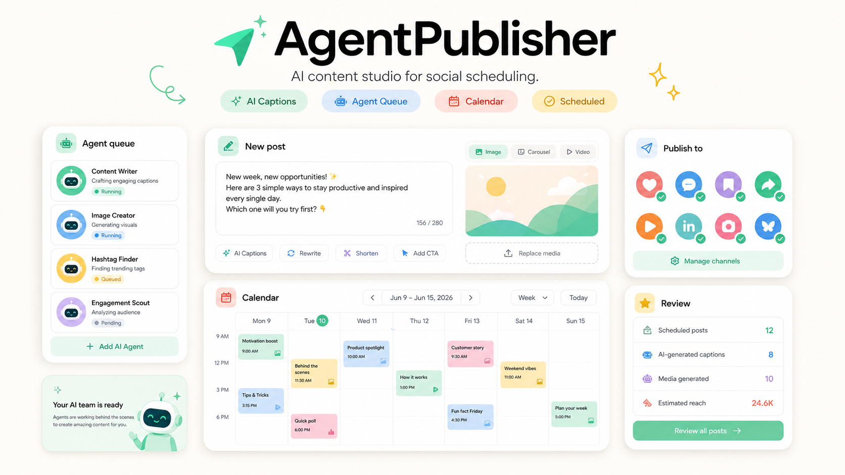 AgentPublisher dashboard with agent queue, caption tools, calendar, and publishing targets